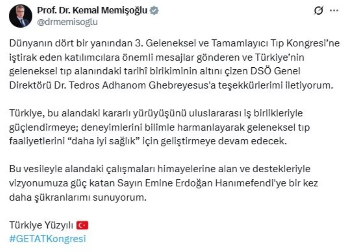 Geleneksel Tıp Kongresi’nde DSÖ’ye Teşekkür
